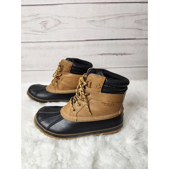 London Fog Mens Ashford 3 Duck Boots‎ Brown Black Leather Lace Up Insulated 13 M