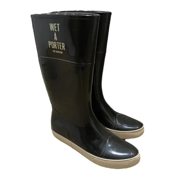 LOVE MOSCHINO WET-A-PORTER BLACK WHITE WELLINGTON RAIN BOOTS 8