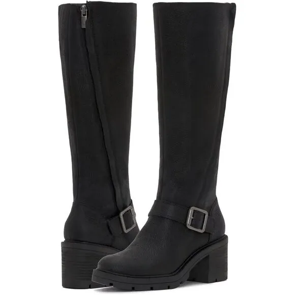 LUCKY BRAND Black Riding Boots Scoty Round Toe Stacked Heel Leather Sz 9.5 M