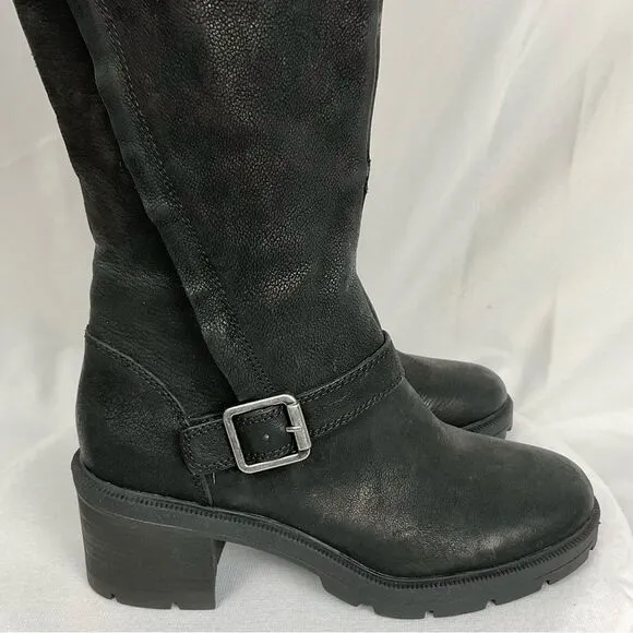 LUCKY BRAND Black Riding Boots Scoty Round Toe Stacked Heel Leather Sz 9.5 M