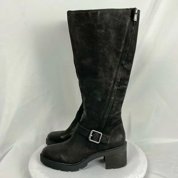 LUCKY BRAND Black Riding Boots Scoty Round Toe Stacked Heel Leather Sz 9.5 M