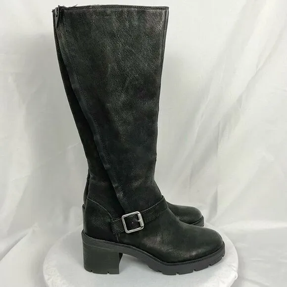 LUCKY BRAND Black Riding Boots Scoty Round Toe Stacked Heel Leather Sz 9.5 M