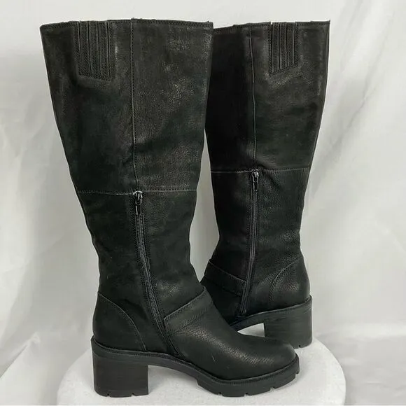 LUCKY BRAND Black Riding Boots Scoty Round Toe Stacked Heel Leather Sz 9.5 M
