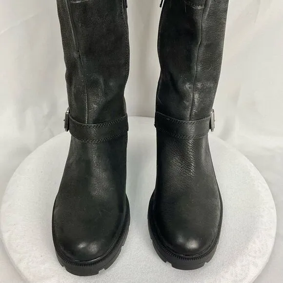 LUCKY BRAND Black Riding Boots Scoty Round Toe Stacked Heel Leather Sz 9.5 M