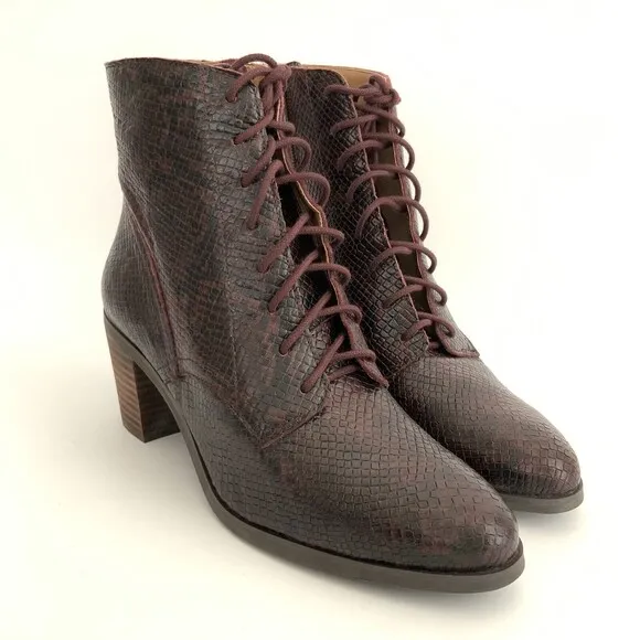Lucky Brand Boots Women Size 6.5M Burgundy Leather Persee Snake Print Lace Up