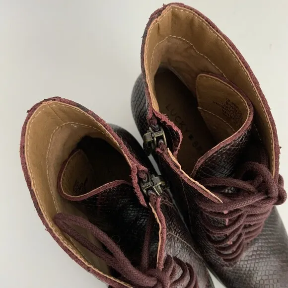 Lucky Brand Boots Women Size 6.5M Burgundy Leather Persee Snake Print Lace Up
