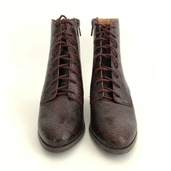 Lucky Brand Boots Women Size 6.5M Burgundy Leather Persee Snake Print Lace Up