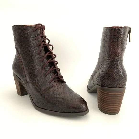 Lucky Brand Boots Women Size 6.5M Burgundy Leather Persee Snake Print Lace Up
