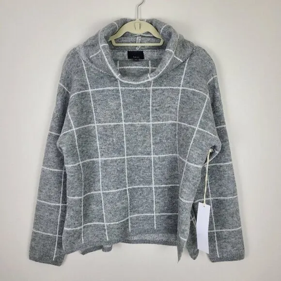 𝅺LUMIERE Gray &amp; White Grid Pattern Turtleneck Pullover Sweater Medium