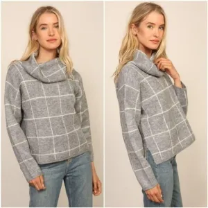 𝅺LUMIERE Gray &amp; White Grid Pattern Turtleneck Pullover Sweater Medium