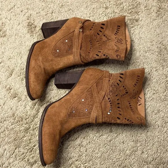 Luz Da Lua Women Caramel Cut-outs Suede Leather Boots Size 9