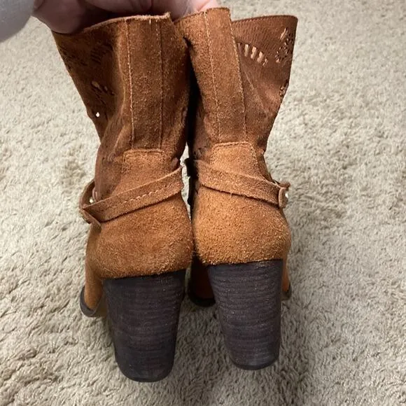 Luz Da Lua Women Caramel Cut-outs Suede Leather Boots Size 9