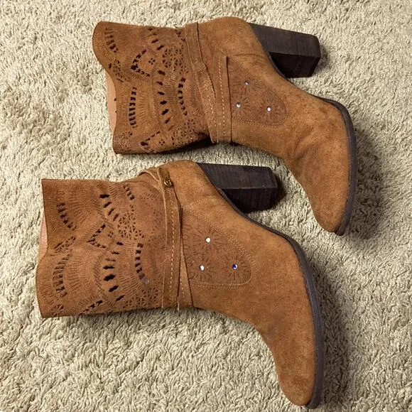 Luz Da Lua Women Caramel Cut-outs Suede Leather Boots Size 9