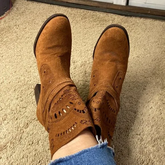 Luz Da Lua Women Caramel Cut-outs Suede Leather Boots Size 9