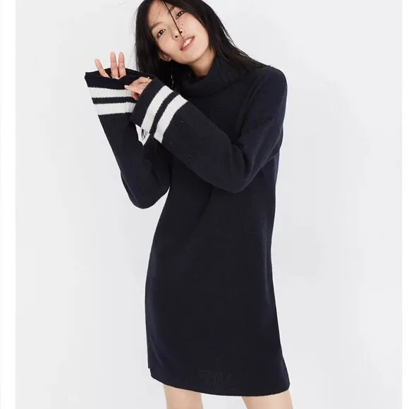 Madewell Wool Bell-Sleeve Turtleneck Sweater-Dress in Nautical Stripe