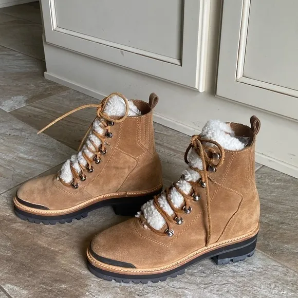 Marc Fisher Izzie Genuine Shearling Cognac Suede Lug Sole Boot