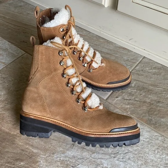 Marc Fisher Izzie Genuine Shearling Cognac Suede Lug Sole Boot