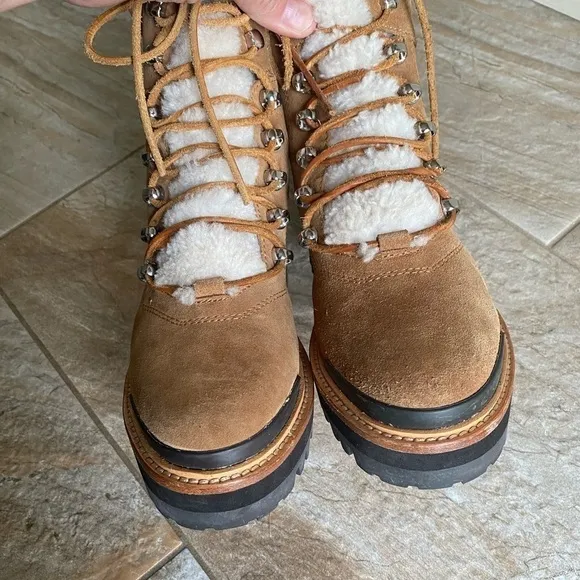Marc Fisher Izzie Genuine Shearling Cognac Suede Lug Sole Boot