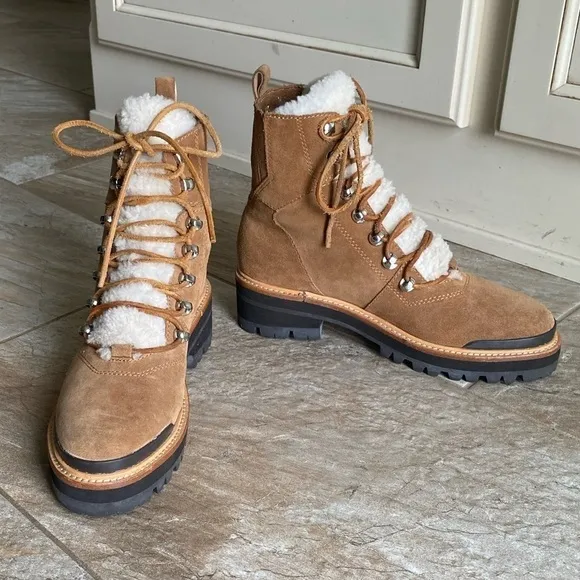 Marc Fisher Izzie Genuine Shearling Cognac Suede Lug Sole Boot