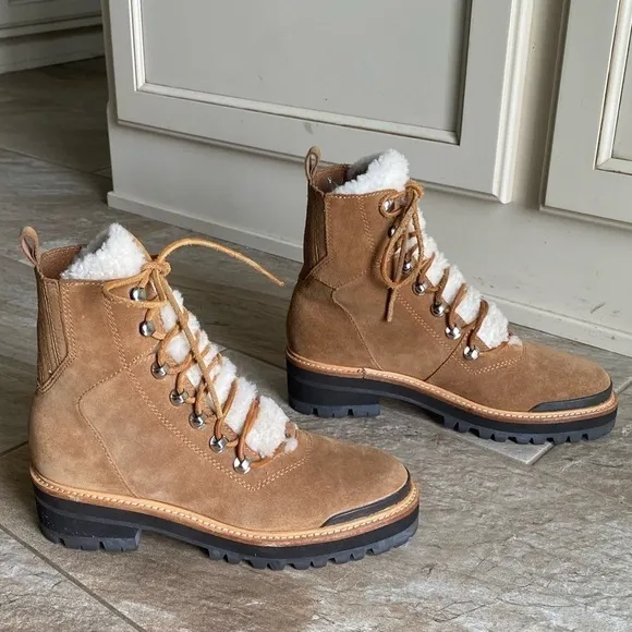 Marc Fisher Izzie Genuine Shearling Cognac Suede Lug Sole Boot