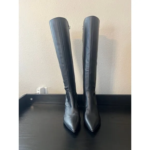 Marc Fisher Jazmyn Black Leather Knee High Pointy block heel boots Size 8
