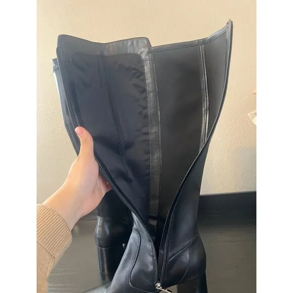 Marc Fisher Jazmyn Black Leather Knee High Pointy block heel boots Size 8