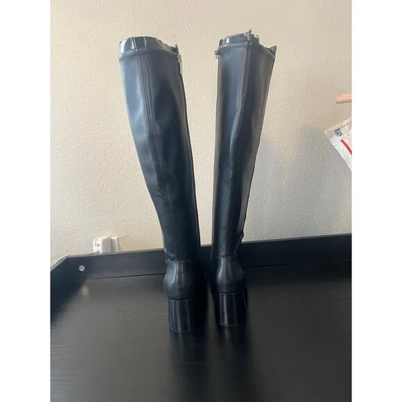 Marc Fisher Jazmyn Black Leather Knee High Pointy block heel boots Size 8