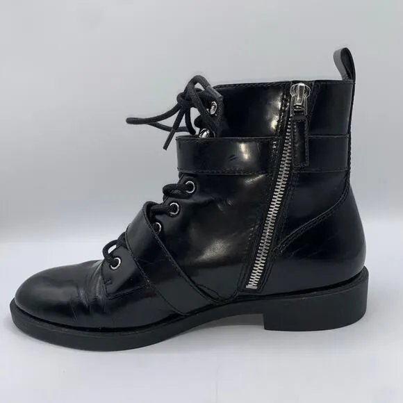 Marc Jacobs Women 6 Patent Leather Taylor Lace Up Moto Boots Grunge Buckle Ankle