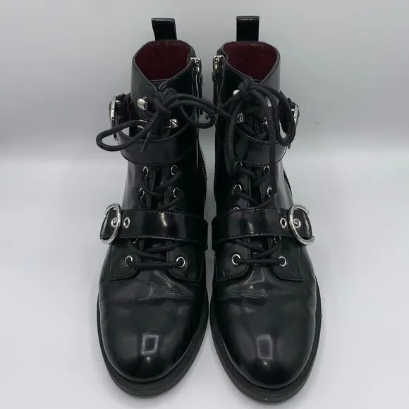 Marc Jacobs Women 6 Patent Leather Taylor Lace Up Moto Boots Grunge Buckle Ankle