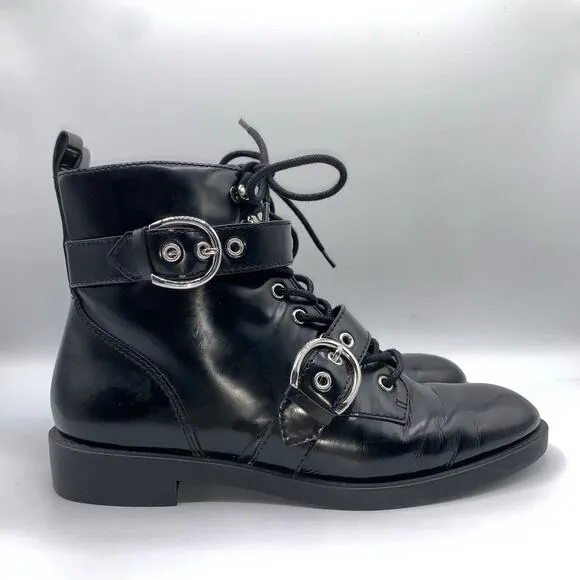 Marc Jacobs Women 6 Patent Leather Taylor Lace Up Moto Boots Grunge Buckle Ankle