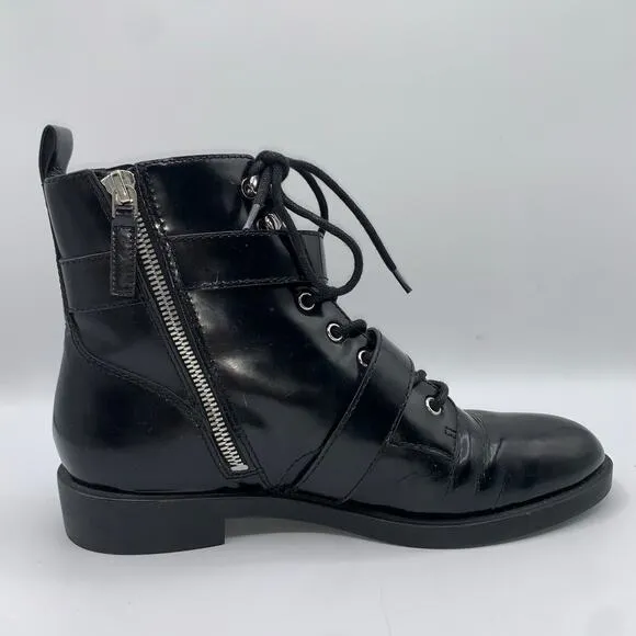 Marc Jacobs Women 6 Patent Leather Taylor Lace Up Moto Boots Grunge Buckle Ankle