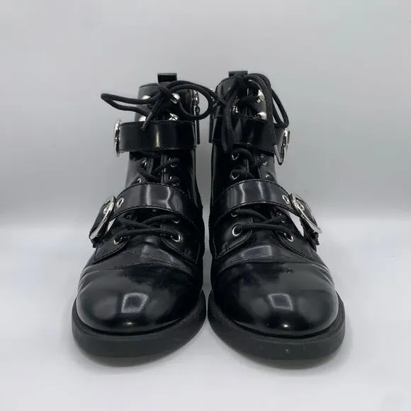 Marc Jacobs Women 6 Patent Leather Taylor Lace Up Moto Boots Grunge Buckle Ankle