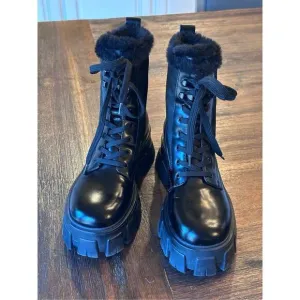 Marc Fisher Happier Leather and Faux Fur Combat Boots