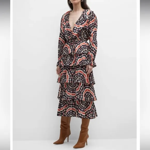 Marie‎ Oliver Blythe Tie-Dye Ruffle Tiered Long Sleeve Midi Dress Sz S NEW