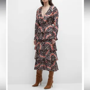 Marie‎ Oliver Blythe Tie-Dye Ruffle Tiered Long Sleeve Midi Dress Sz S NEW