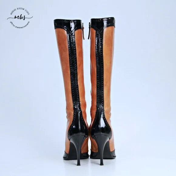 Marino Fabiani Italian Leather 2 Tone Point Toe Heel Boots Brown Black Women 7.5