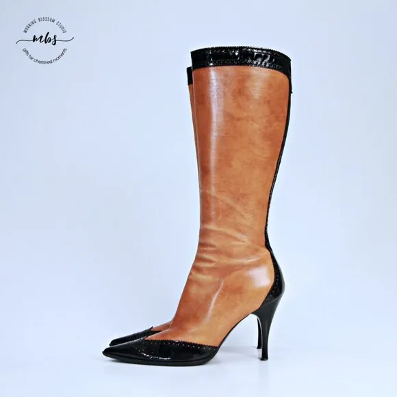 Marino Fabiani Italian Leather 2 Tone Point Toe Heel Boots Brown Black Women 7.5