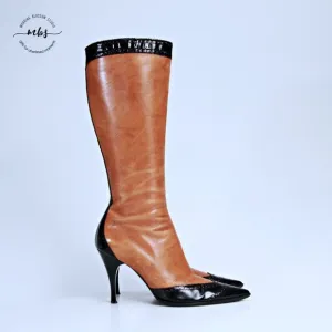Marino Fabiani Italian Leather 2 Tone Point Toe Heel Boots Brown Black Women 7.5