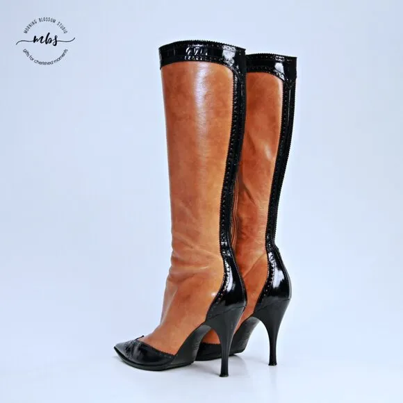 Marino Fabiani Italian Leather 2 Tone Point Toe Heel Boots Brown Black Women 7.5