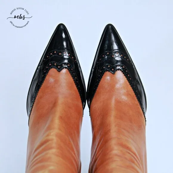 Marino Fabiani Italian Leather 2 Tone Point Toe Heel Boots Brown Black Women 7.5
