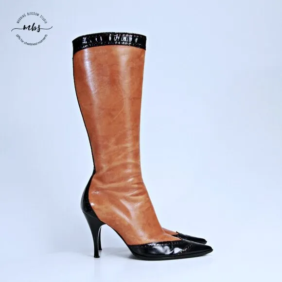 Marino Fabiani Italian Leather 2 Tone Point Toe Heel Boots Brown Black Women 7.5