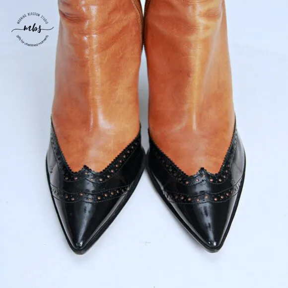 Marino Fabiani Italian Leather 2 Tone Point Toe Heel Boots Brown Black Women 7.5