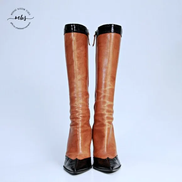 Marino Fabiani Italian Leather 2 Tone Point Toe Heel Boots Brown Black Women 7.5