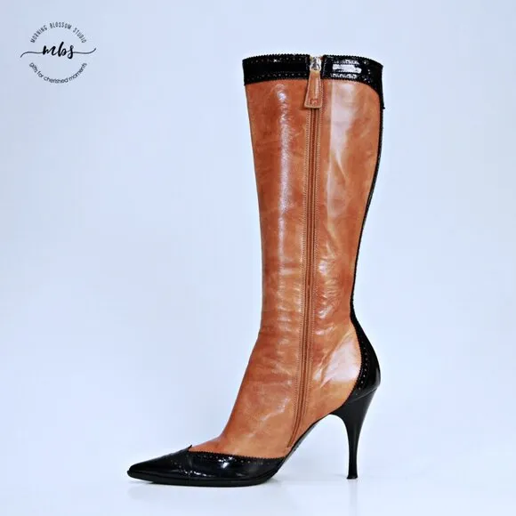 Marino Fabiani Italian Leather 2 Tone Point Toe Heel Boots Brown Black Women 7.5