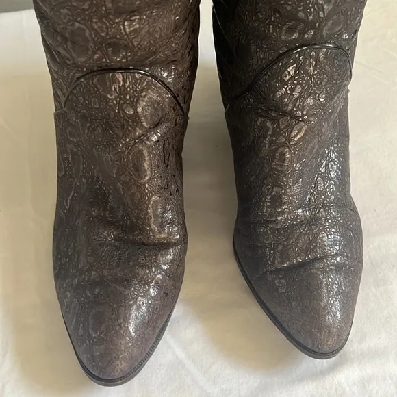 Mario Valentino Italian faux fur lined brown embossed leather tall heeled boots