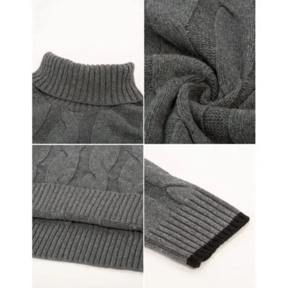 Men Turtleneck Sweater Cable Knit Grey