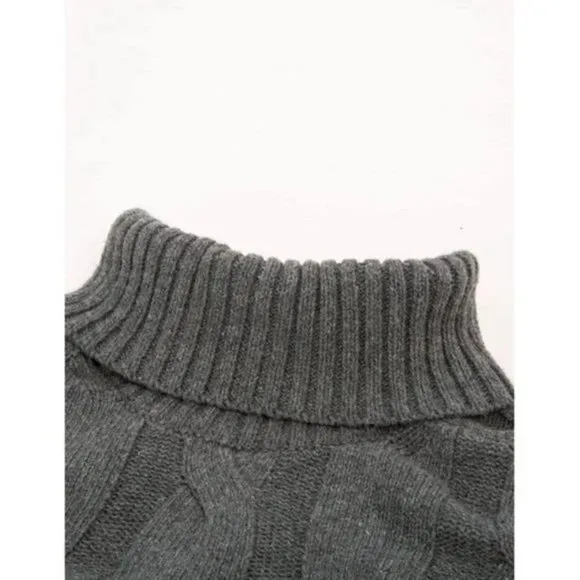 Men Turtleneck Sweater Cable Knit Grey
