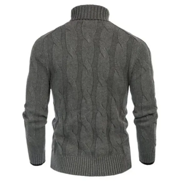 Men Turtleneck Sweater Cable Knit Grey