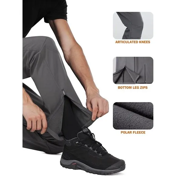 Men's Fleece Lined Winter Softshell Pants Hiking Snowboard Bottom Leg Zi…