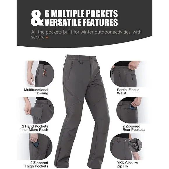 Men's Fleece Lined Winter Softshell Pants Hiking Snowboard Bottom Leg Zi…